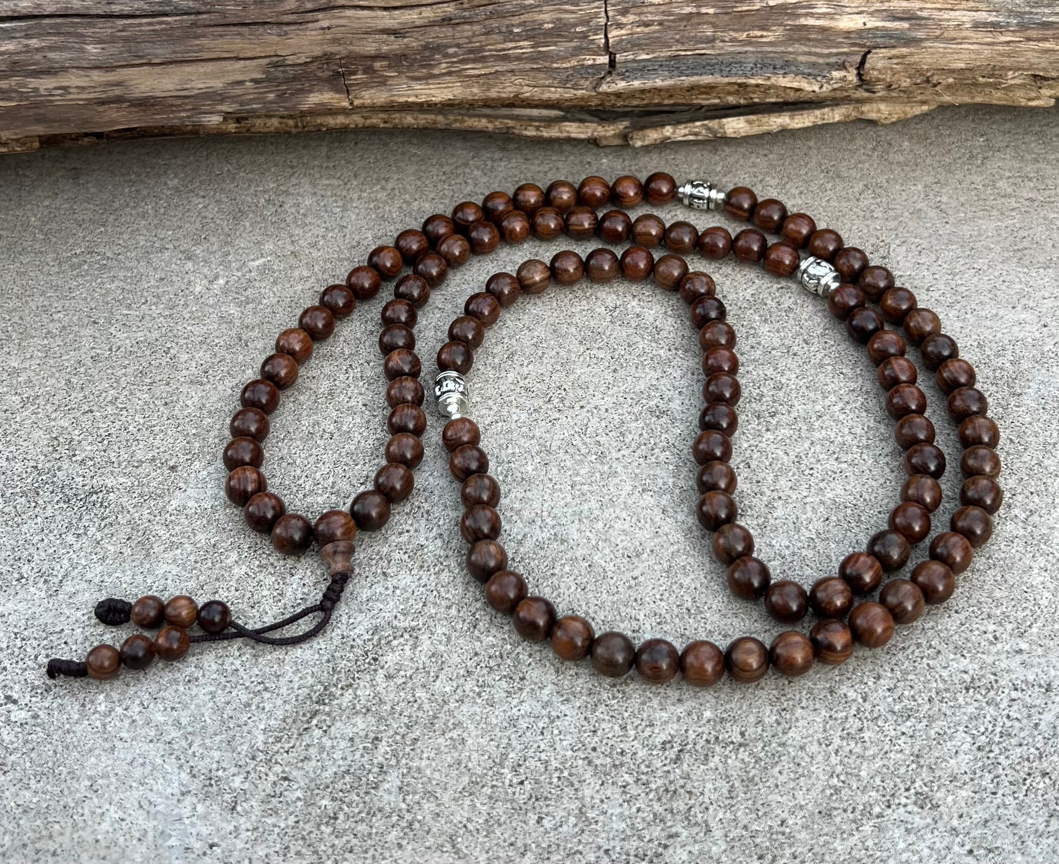 Tibetan Buddhist Kadam Wood 108 Beads Mala with 3 Silver Markers + Free Silk Pouch - DharmaObjects