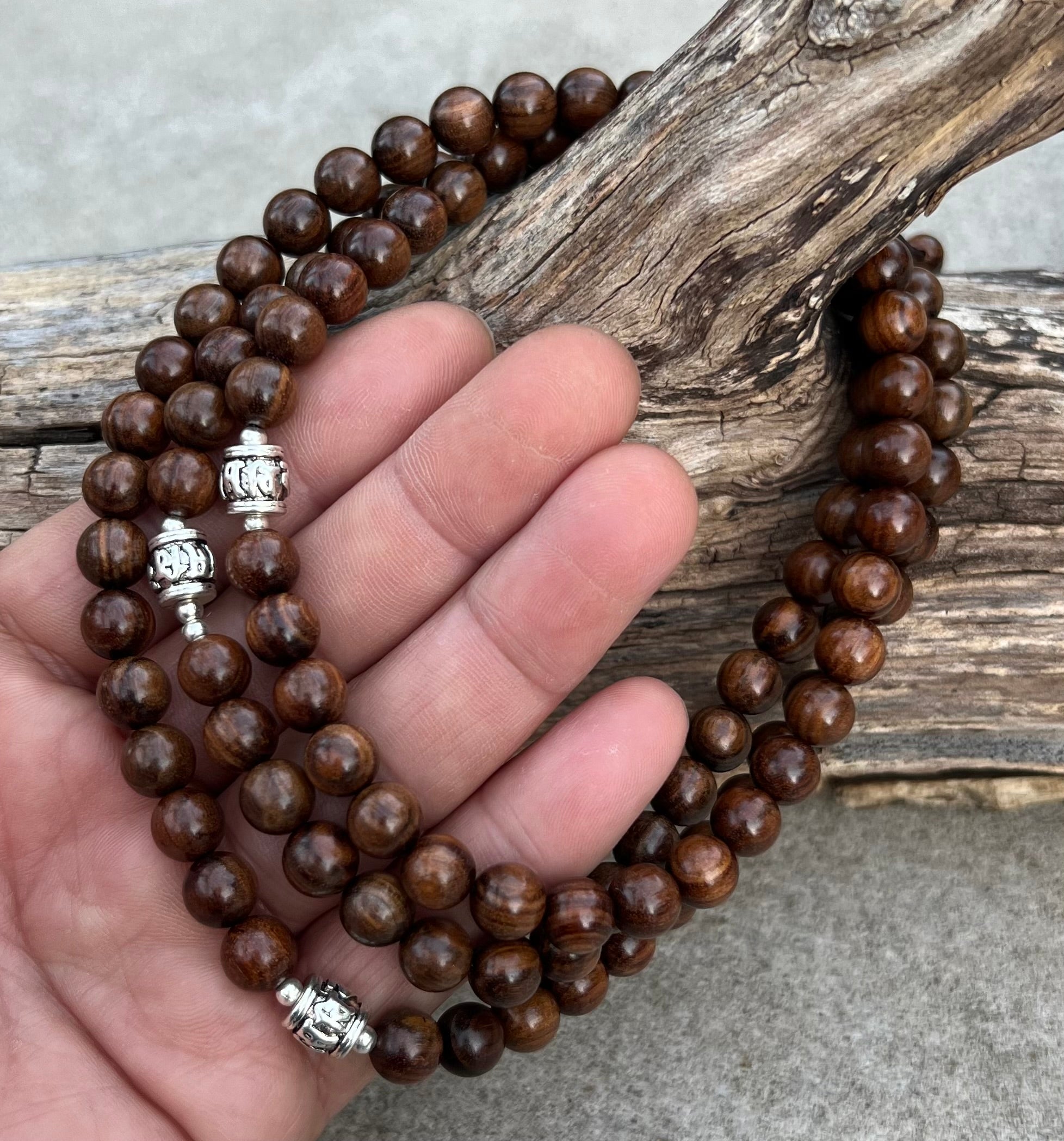 Tibetan Buddhist Kadam Wood 108 Beads Mala with 3 Silver Markers + Free Silk Pouch - DharmaObjects