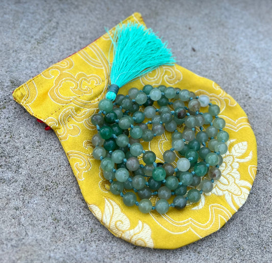 Natural Green Aventurine Hand Knotted Mala, Rosary 108 Beads, Japa Mala, Meditation Mala, Mala Necklace, Free Silk Pouch