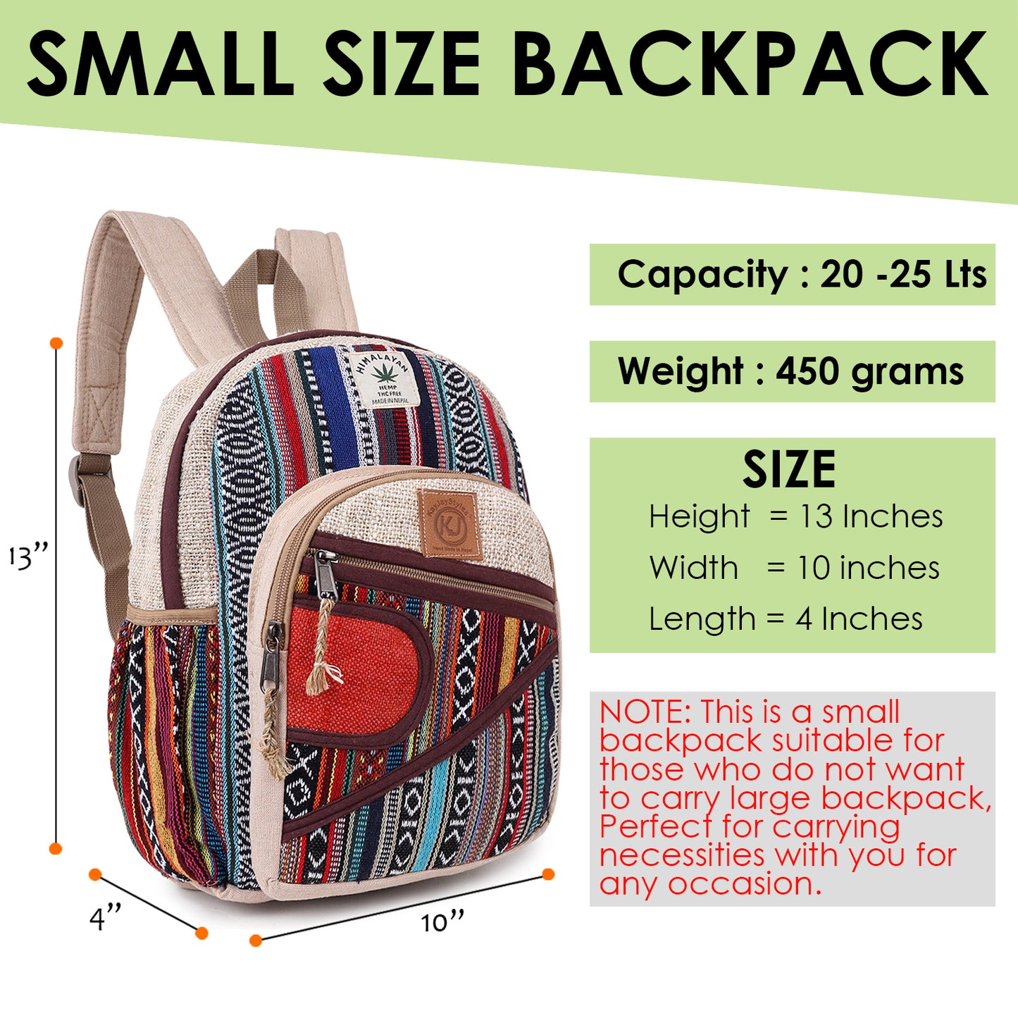 KayJayStyles Handmade Natural Hemp Nepal Backpack Purse for Women & Girls Small Lightweight Daypack