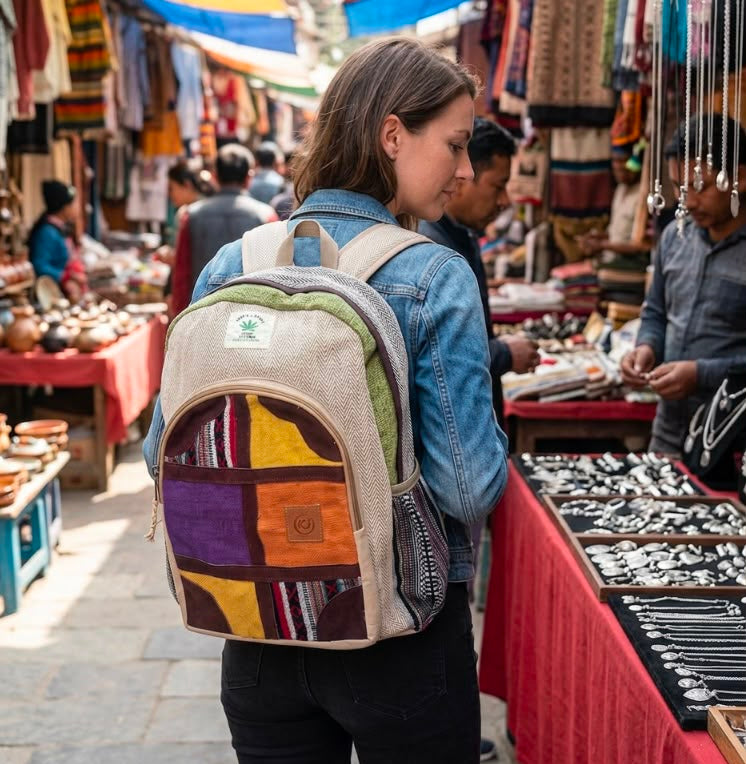 KayJayStyles Multi-Patch Hemp Nepal Backpack – Handmade Large Multi-Pocket Bag