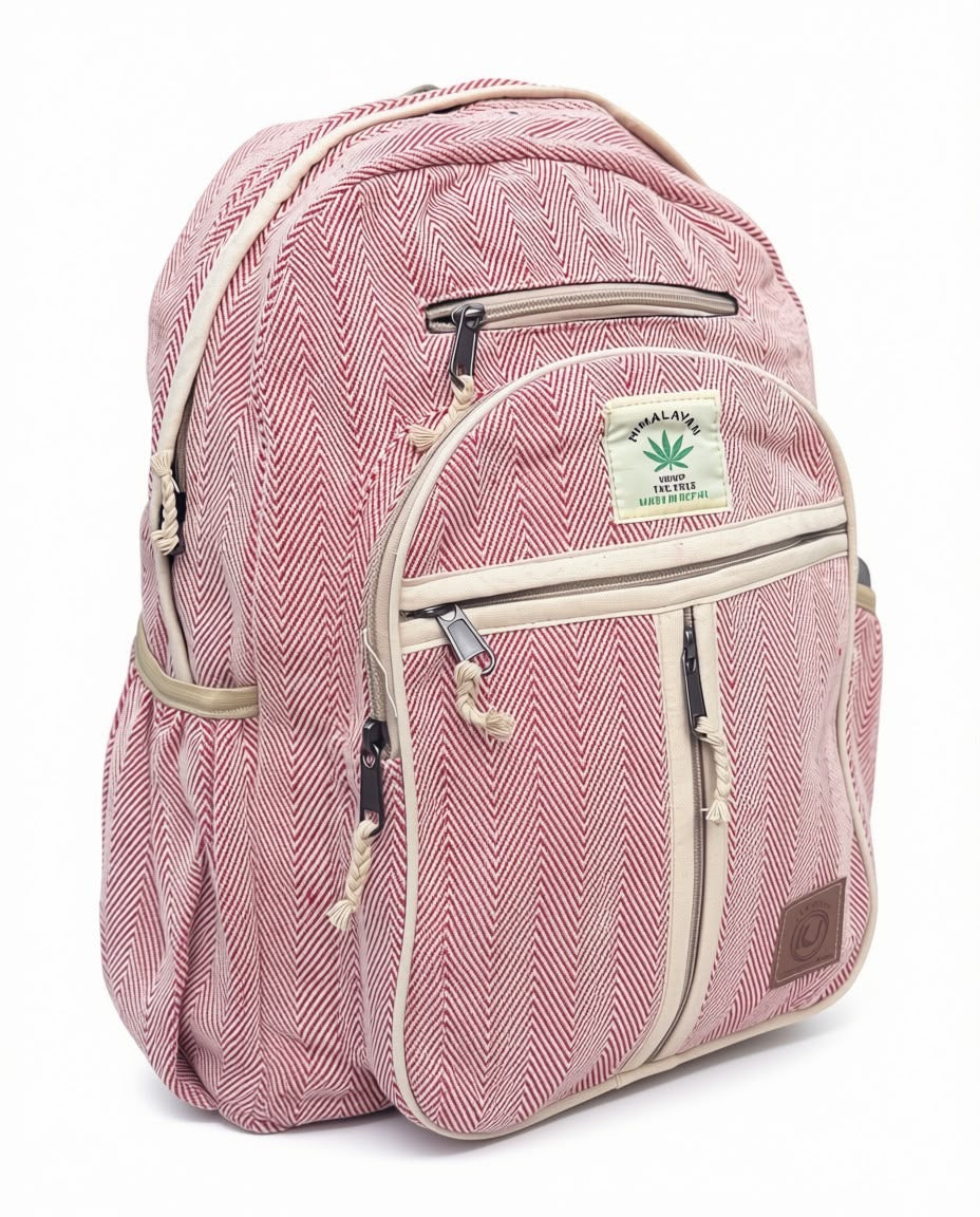 KayJayStyles Red Stripe Hemp Nepal Backpack – Handmade Large Multi-Pocket Bag