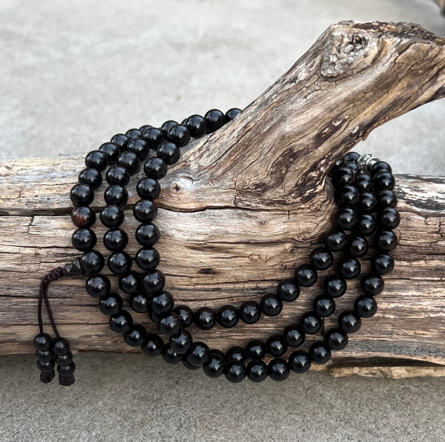 Tibetan Buddhist Ebony Wooden 108 Beads Mala with 3 Silver Markers + Free Silk Pouch