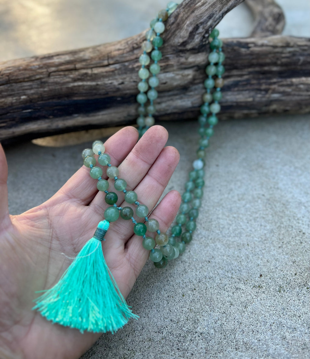 Green Aventurine Mala 108 Beads – Hand Knotted Gemstone Meditation Prayer Necklace