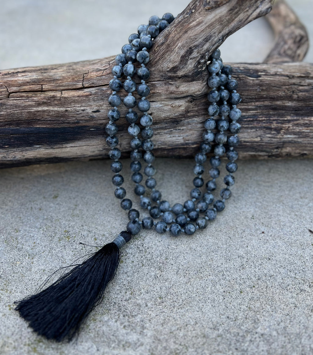 Larvikite Mala 108 Beads – Hand Knotted Gemstone Meditation Prayer Necklace