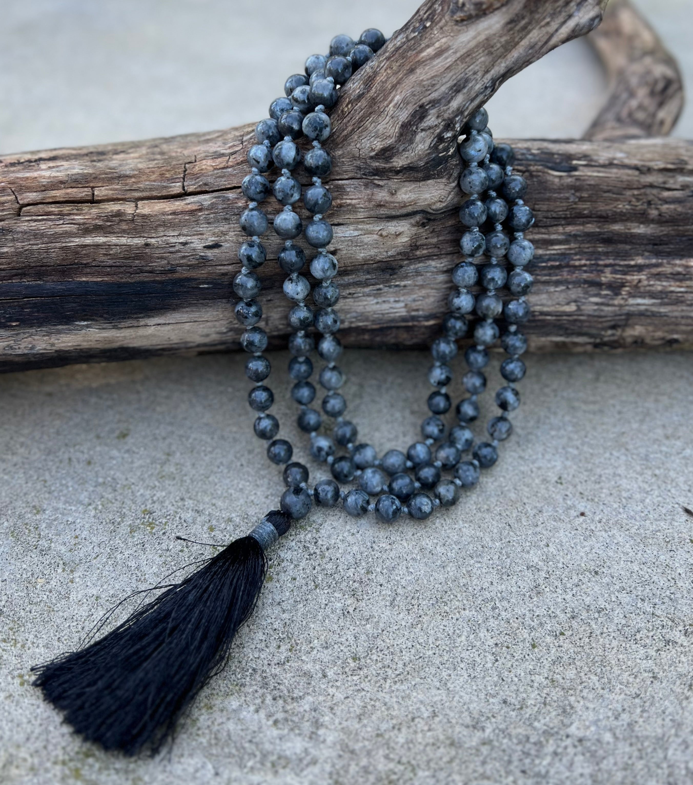 Larvikite Mala 108 Beads – Hand Knotted Gemstone Meditation Prayer Necklace