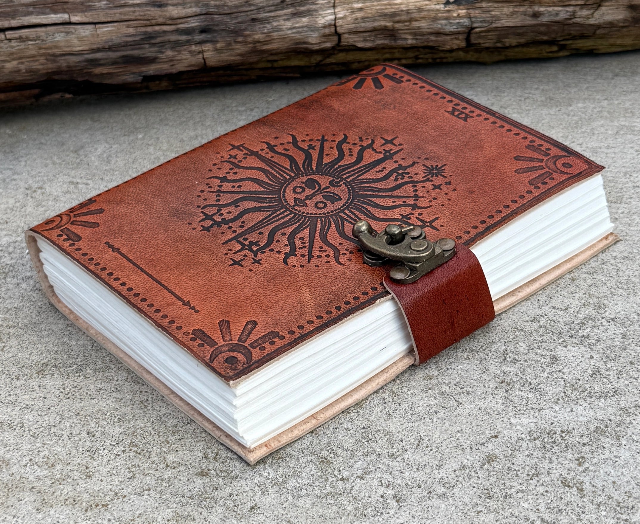 Handmade Celestial Sun Embossed Leather Journal