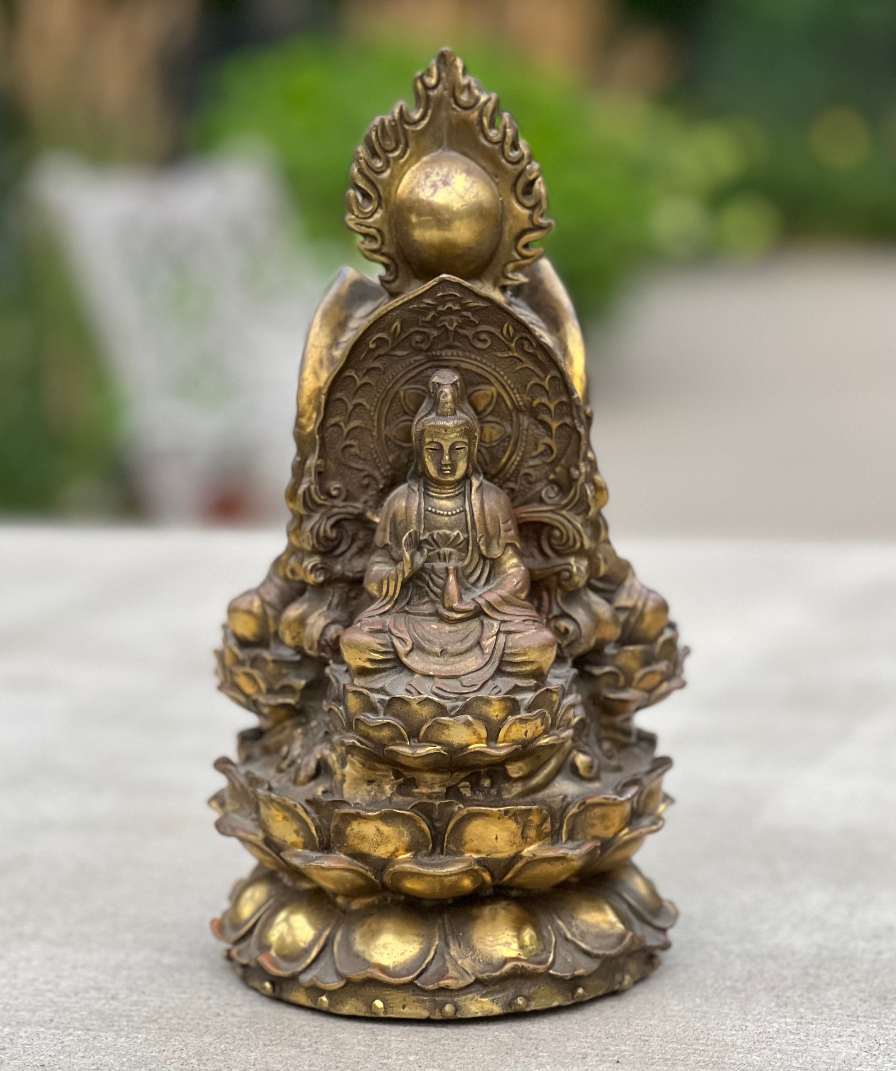 Tibetan Buddhist Old Brass 3 Buddhas Stupa Pagoda 9.5 Inches Tall - DharmaObjects