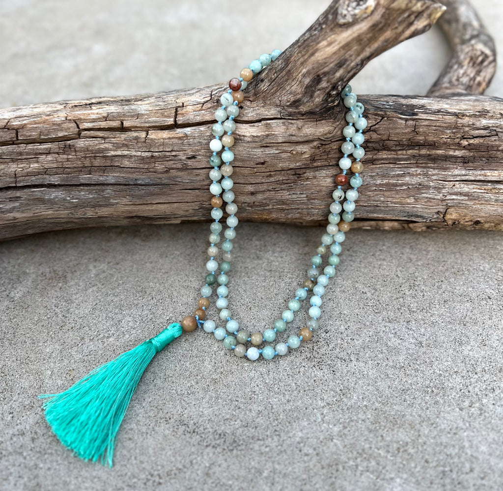 Amazonite Mala 108 Beads – Hand Knotted Gemstone Meditation Prayer Necklace