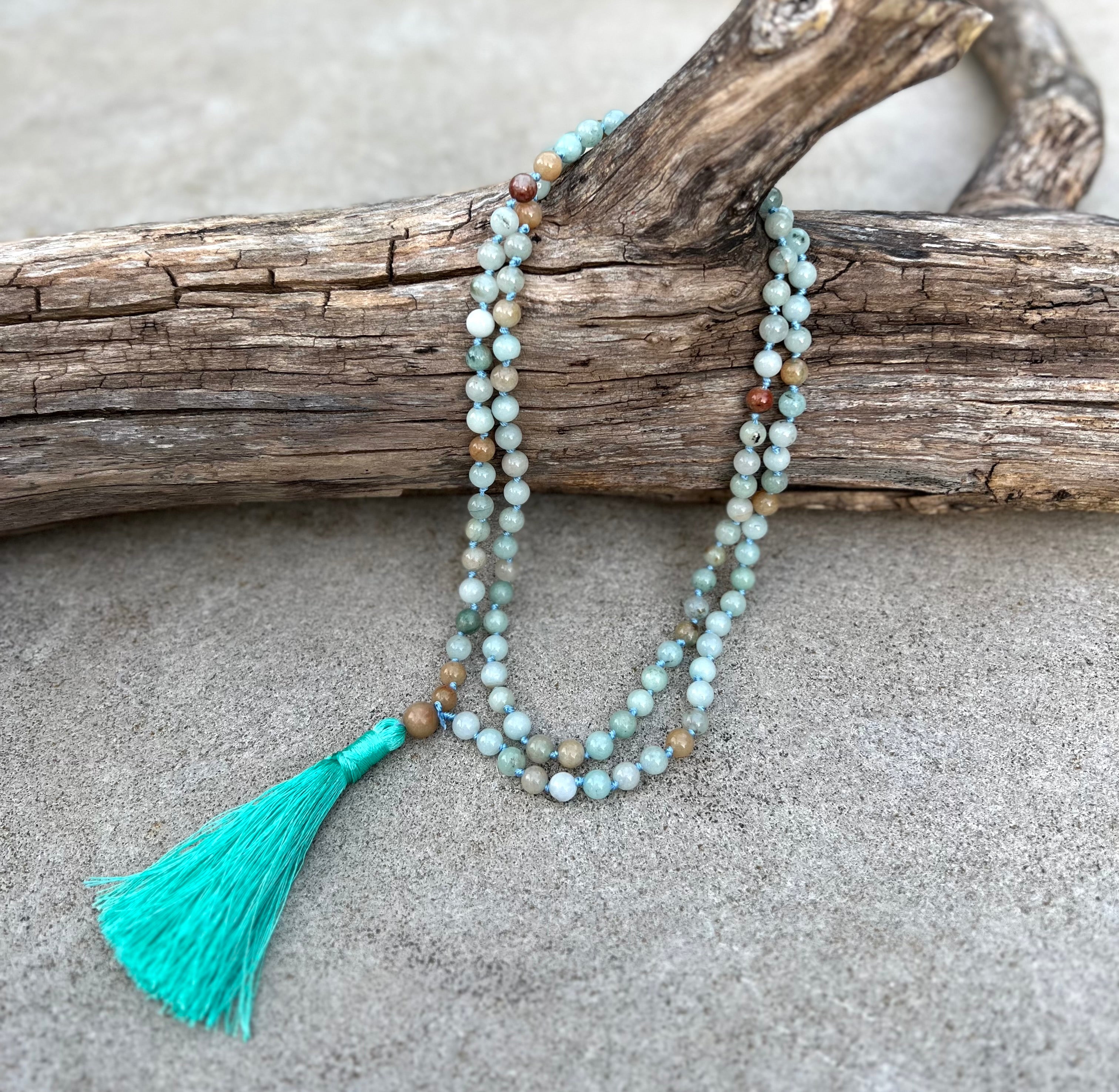 Amazonite Mala 108 Beads – Hand Knotted Gemstone Meditation Prayer Necklace
