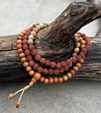Natural Rudraksha Sandalwood Mala Necklace | 108 Meditation Prayer Beads with Brown Agate | Spiritual Yoga Jewelry - DharmaObjects