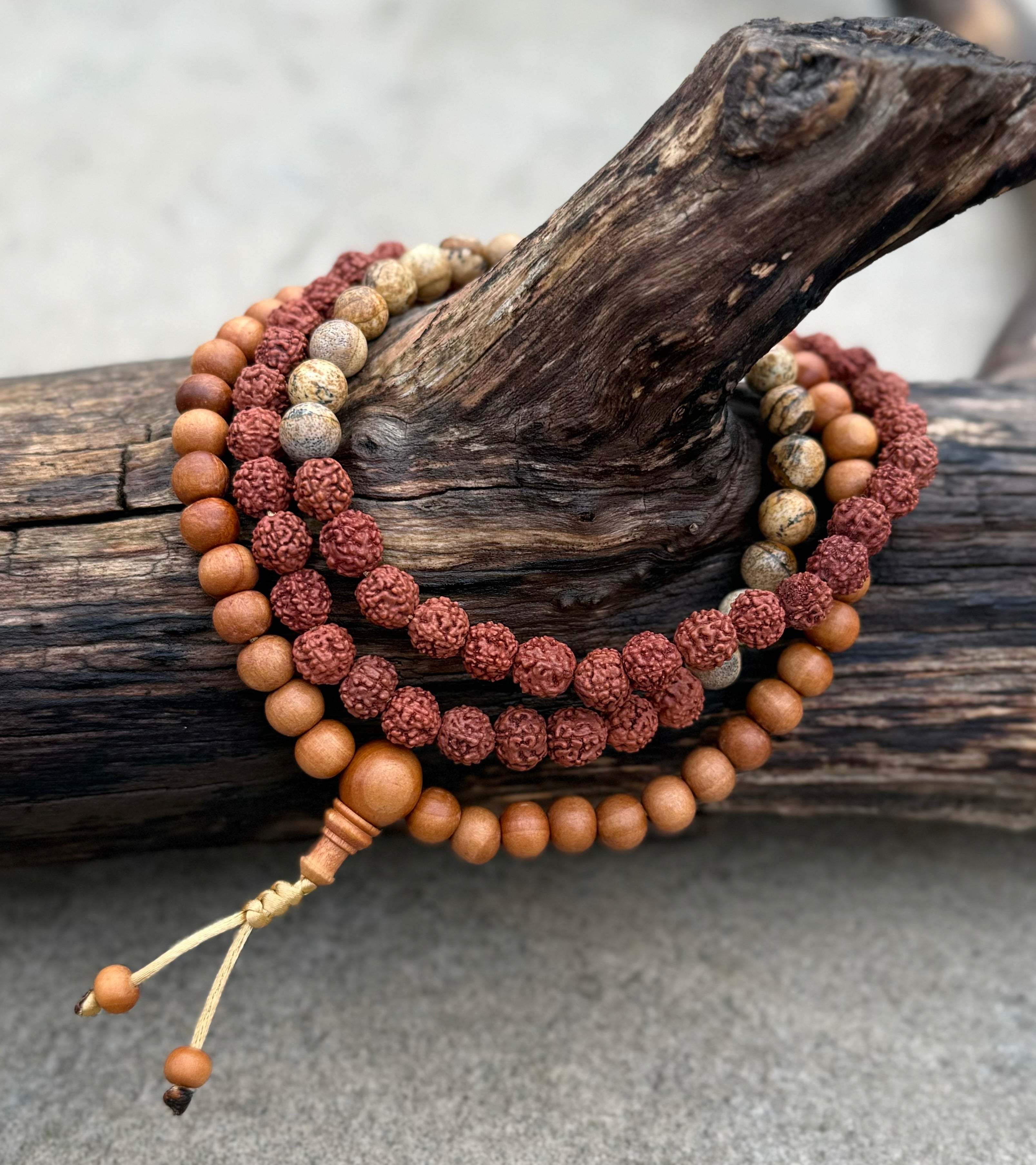 Natural Rudraksha Sandalwood Mala Necklace | 108 Meditation Prayer Beads with Brown Agate | Spiritual Yoga Jewelry - DharmaObjects