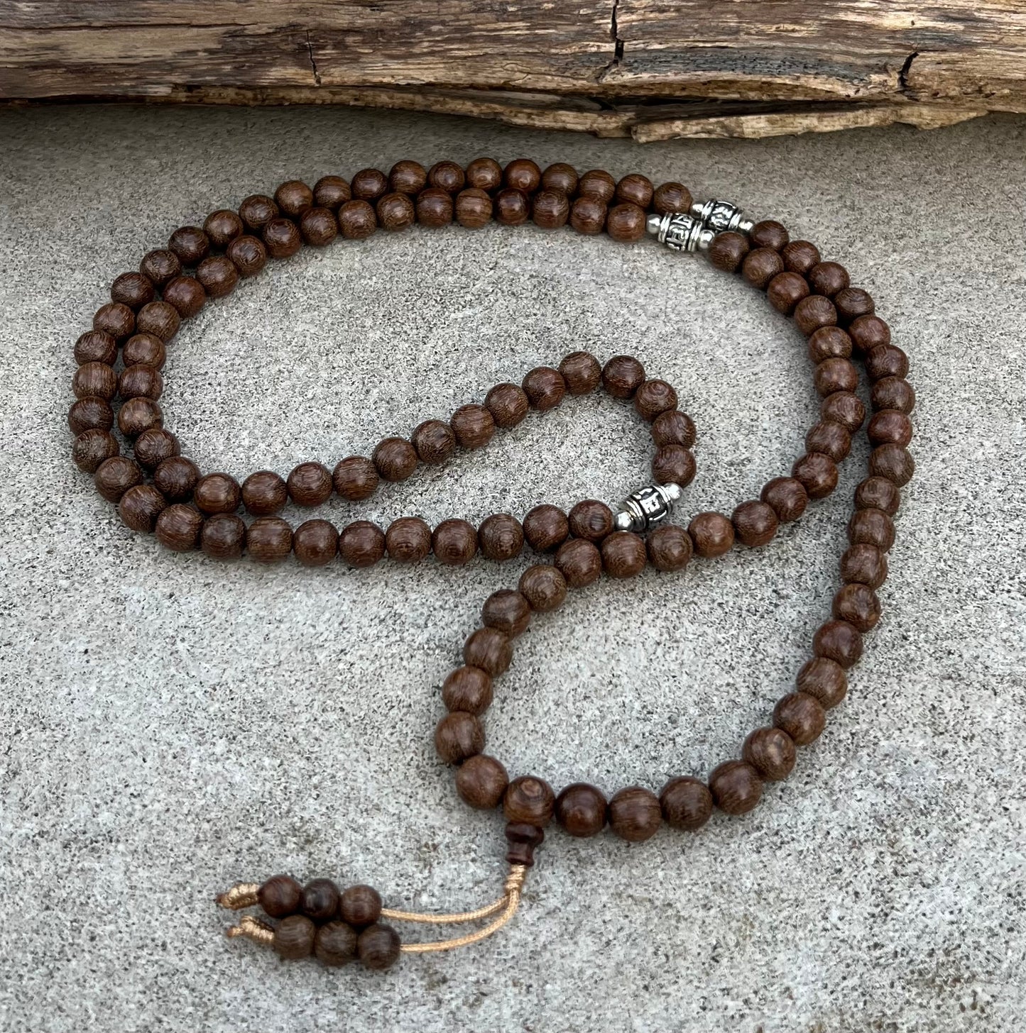 Tibetan Buddhist Nyatoh Wooden 108 Beads Mala with 3 Silver Markers + Free Silk Pouch.