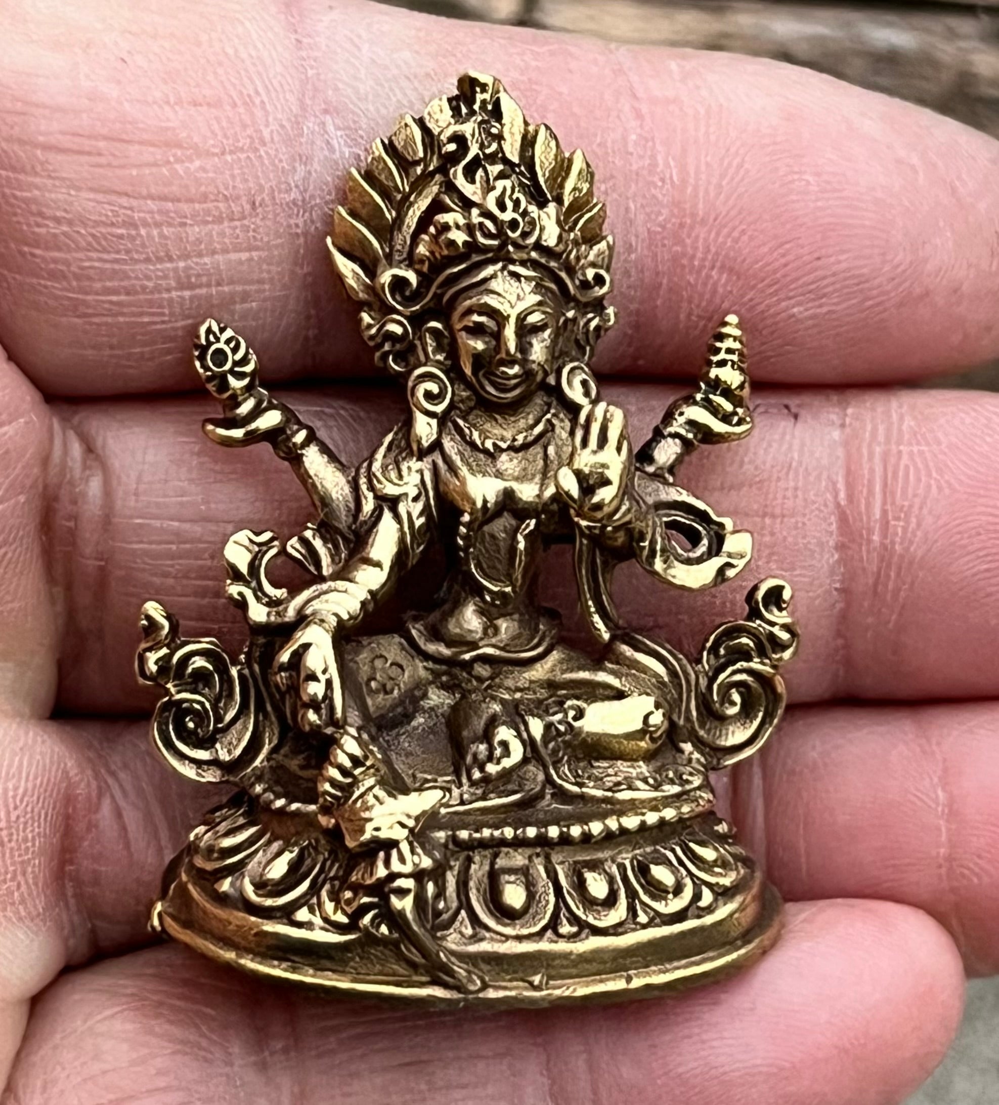 Small Brass Female Buddha Green Tara Dolma Statue - Handcrafted in Nepal - DharmaObjects