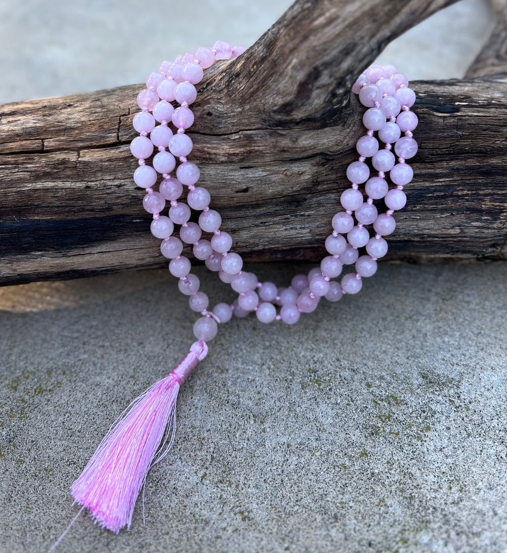 Rose Quartz Mala 108 Beads – Hand Knotted Gemstone Meditation Prayer Necklace