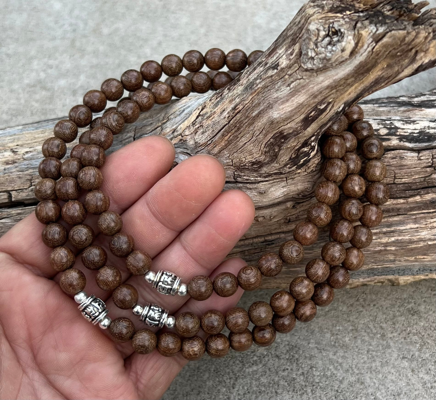 Tibetan Buddhist Nyatoh Wooden 108 Beads Mala with 3 Silver Markers + Free Silk Pouch.