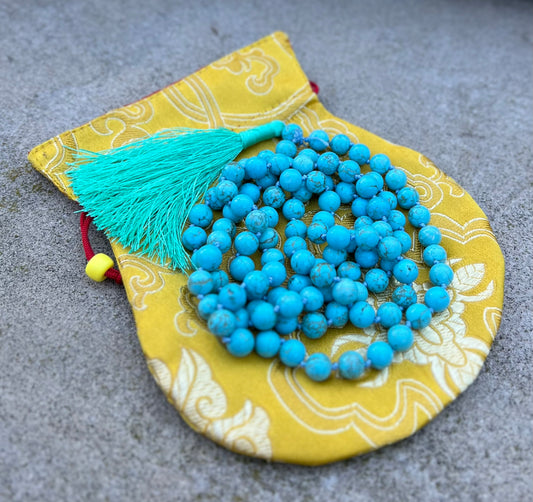 Tibetan Buddhist Turquoise Hand Knotted Mala, Rosary 108 Beads, Japa Mala, Meditation Mala, Mala Necklace, Free Silk Pouch