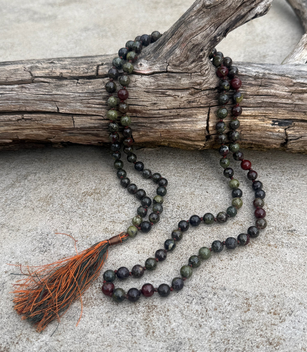 Dragon Blood Jasper 108 Bead Mala • Hand-Knotted Meditation Prayer Necklace • Yoga Jewelry • Spiritual Gift • Natural Gemstone Mala Beads - DharmaObjects