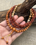 Natural Rudraksha Sandalwood Mala Necklace | 108 Meditation Prayer Beads with Brown Agate | Spiritual Yoga Jewelry - DharmaObjects