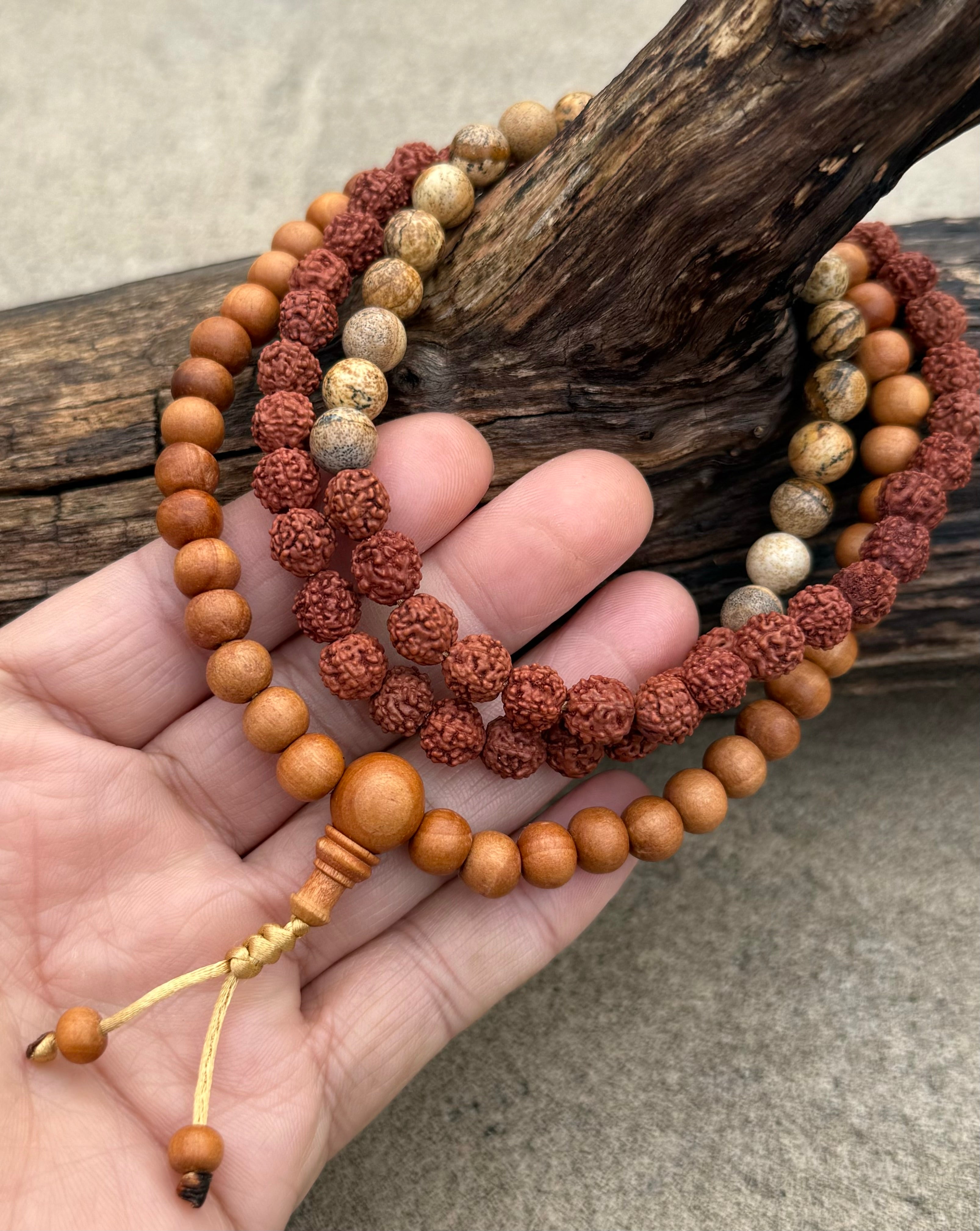 Natural Rudraksha Sandalwood Mala Necklace | 108 Meditation Prayer Beads with Brown Agate | Spiritual Yoga Jewelry - DharmaObjects