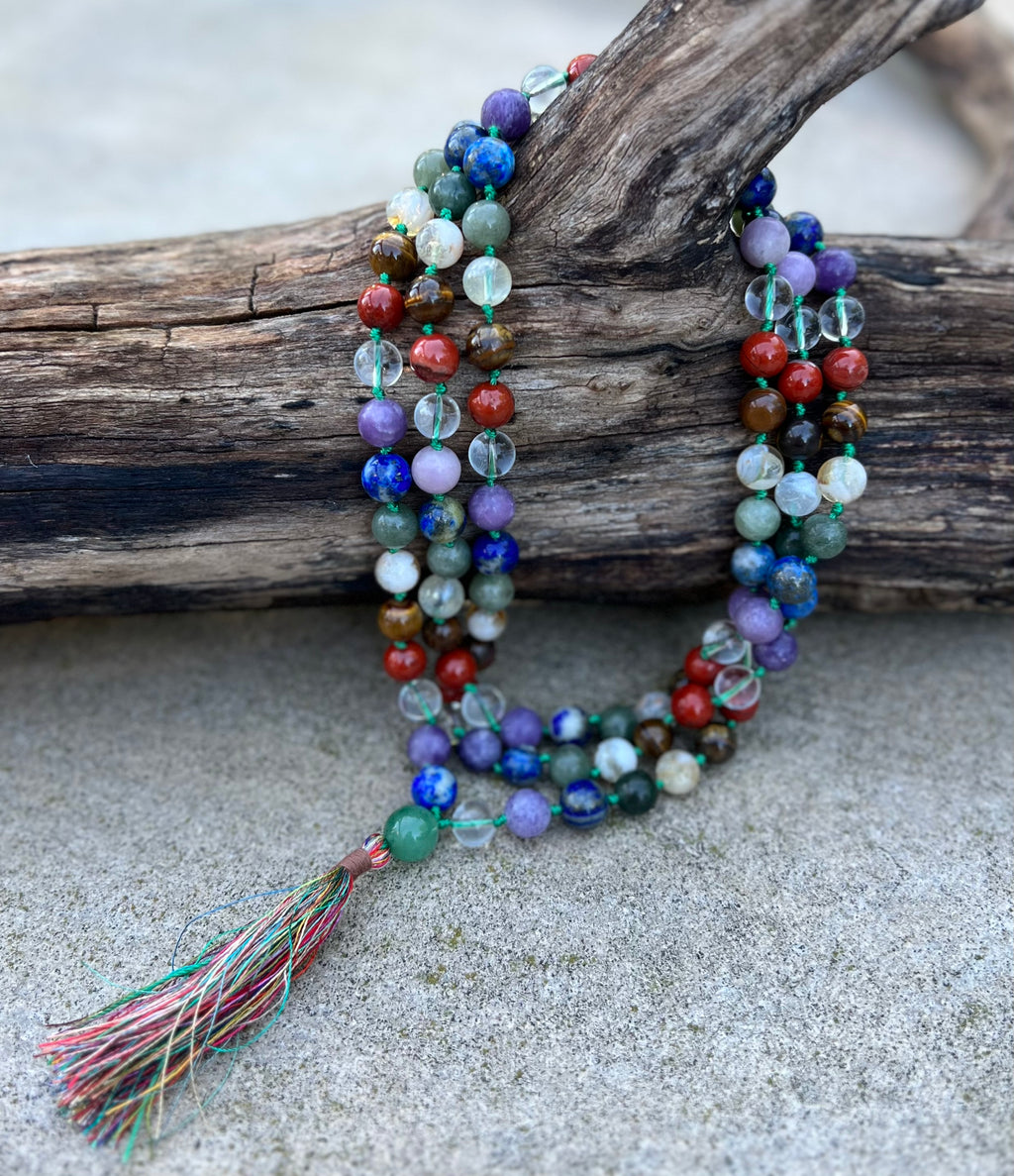 Chakra Mala 108 Beads – Hand Knotted 7 Chakra Gemstone Meditation Prayer Necklace