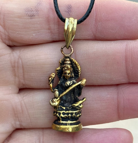 Saraswati Goddess Brass Pendant - Hindu Goddess Of Wisdom And Knowledge