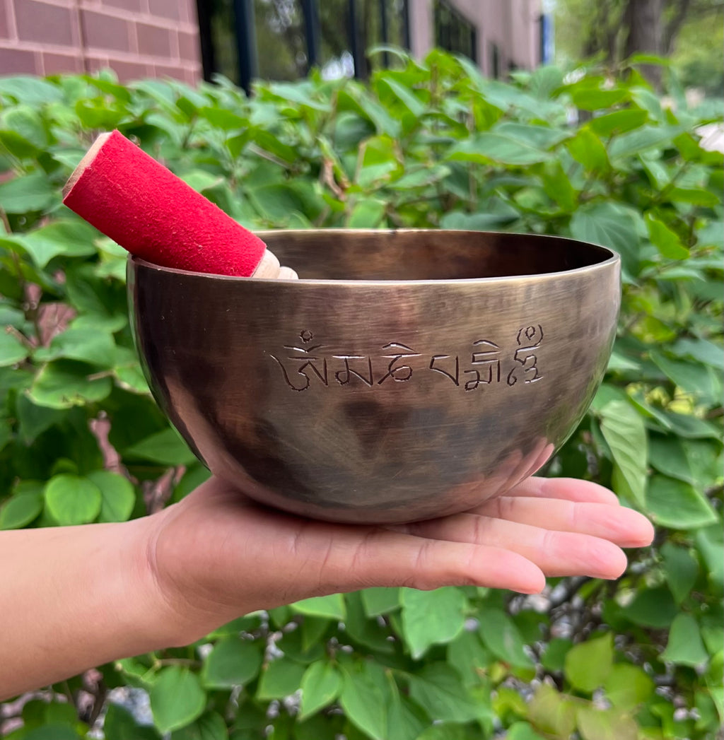 Hand Hammered Tibetan Full Moon Singing Bowl 6.5" – Nepalese Meditation Bowl with D Note 572 Hz, Cushion & Mallet for Sacral Chakra Healing - DharmaObjects