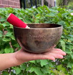 Hand Hammered Tibetan Full Moon Singing Bowl 6.5" – Nepalese Meditation Bowl with D Note 572 Hz, Cushion & Mallet for Sacral Chakra Healing - DharmaObjects