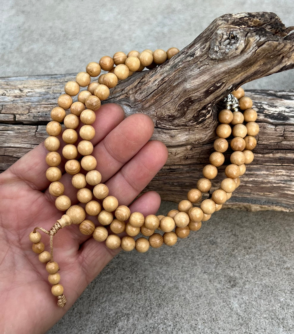 Kadam Wood Mala 108 Beads Tibetan Buddhist Prayer Necklace | 3 Silver Engraved Om Mani Padme Hum Spacers | Meditation, Compassion Mantra, Yoga & Mindfulness Mala - DharmaObjects