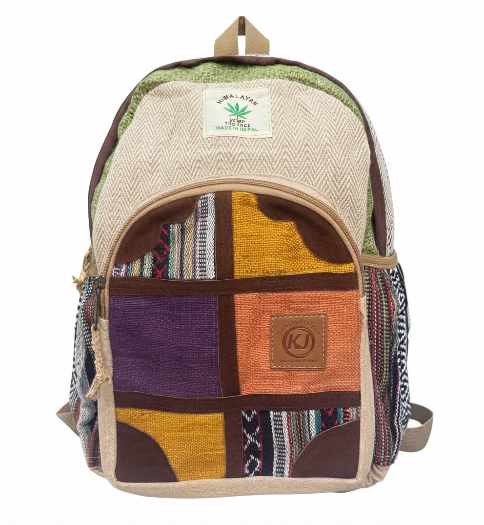 KayJayStyles Multi-Patch Handmade Hemp Backpack – Small Lightweight Nepal Daypack