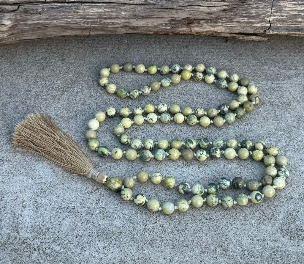 Serpentine Mala 108 Beads – Hand Knotted Gemstone Meditation Prayer Necklace