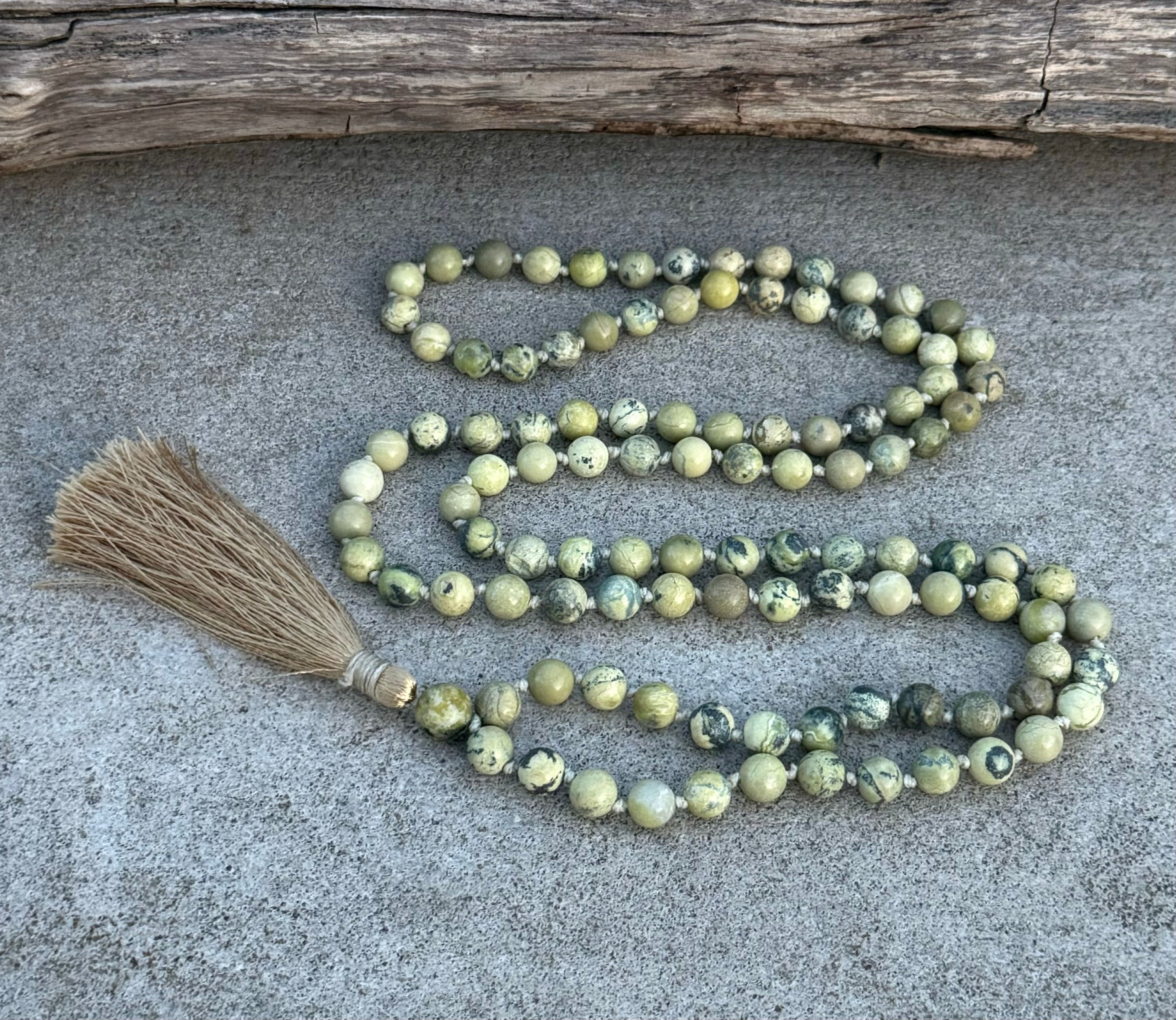 Serpentine Mala 108 Beads – Hand Knotted Gemstone Meditation Prayer Necklace