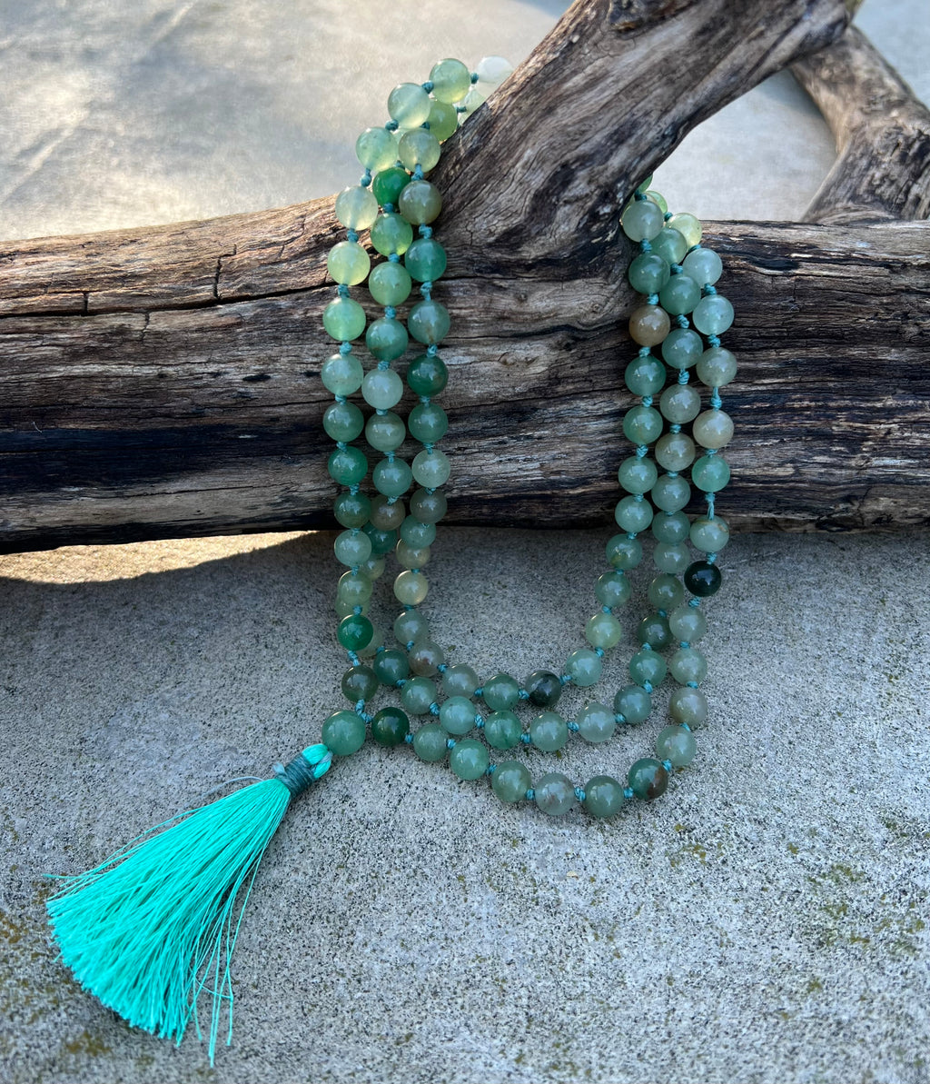 Green Aventurine Mala 108 Beads – Hand Knotted Gemstone Meditation Prayer Necklace