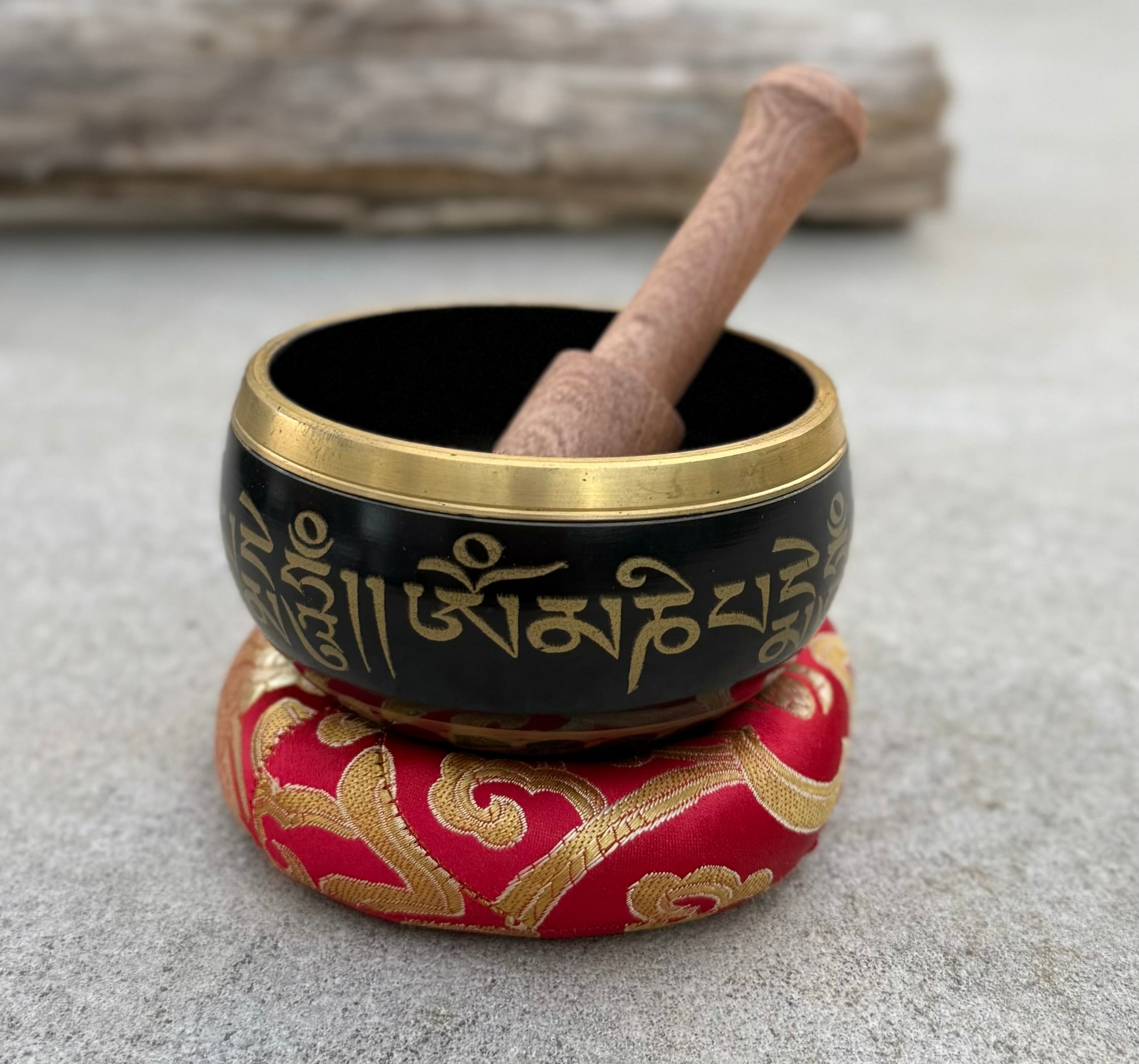 Tibetan Complete Singing Bowl Gift Box Set with OM Mani Padme Hum Etched Bowl - DharmaObjects