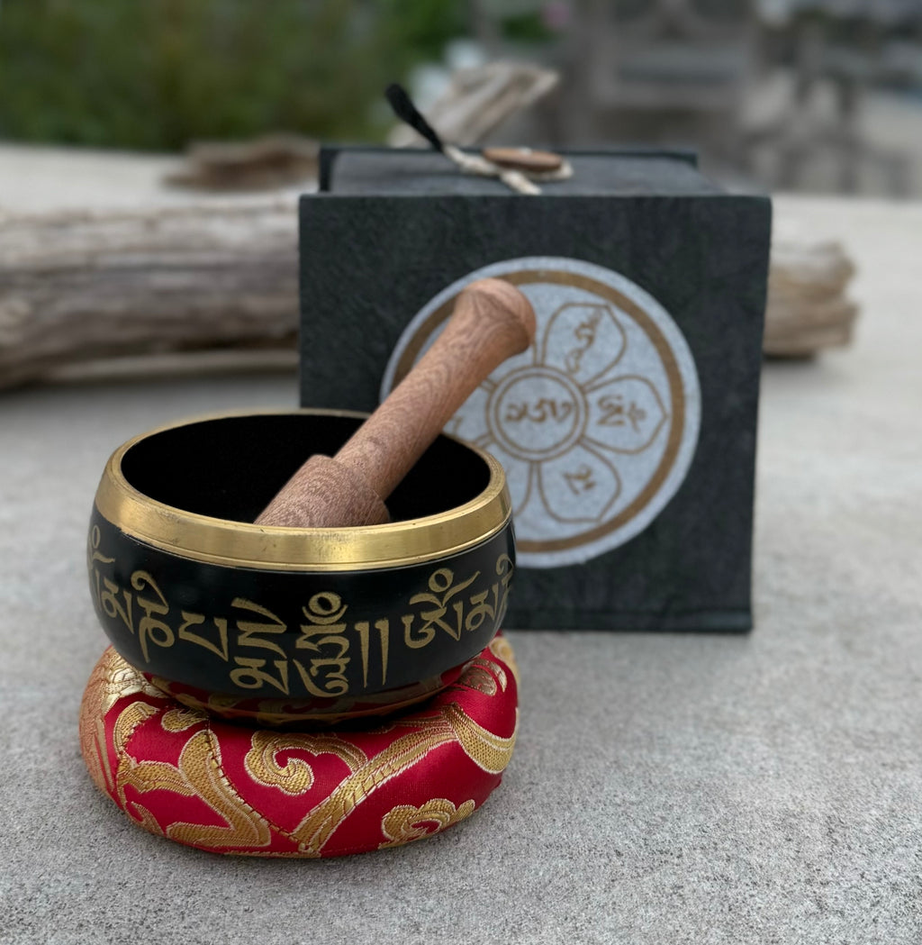 Tibetan Complete Singing Bowl Gift Box Set with OM Mani Padme Hum Etched Bowl - DharmaObjects