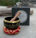 Tibetan Complete Singing Bowl Gift Box Set with OM Mani Padme Hum Etched Bowl - DharmaObjects