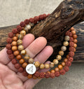 Natural Rudraksha Sandalwood Mala Necklace | 108 Meditation Prayer Beads with Brown Agate | Spiritual Yoga Jewelry - DharmaObjects