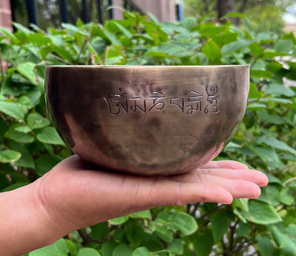 Hand Hammered Tibetan Full Moon Singing Bowl 6" – Nepalese Meditation Bowl with D Note 315 Hz, Cushion & Mallet for Sacral Chakra Healing - DharmaObjects