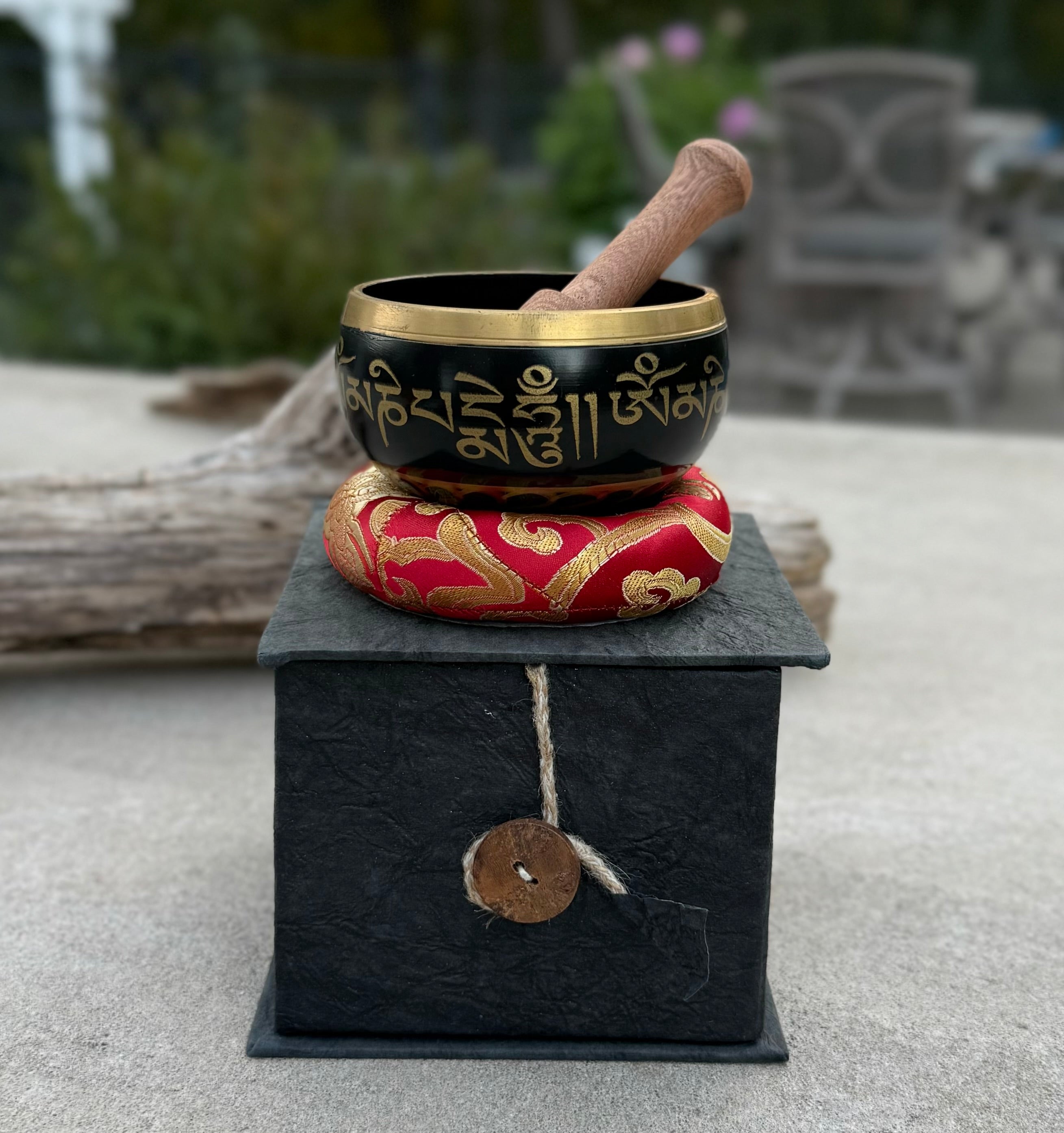 Tibetan Complete Singing Bowl Gift Box Set with OM Mani Padme Hum Etched Bowl - DharmaObjects