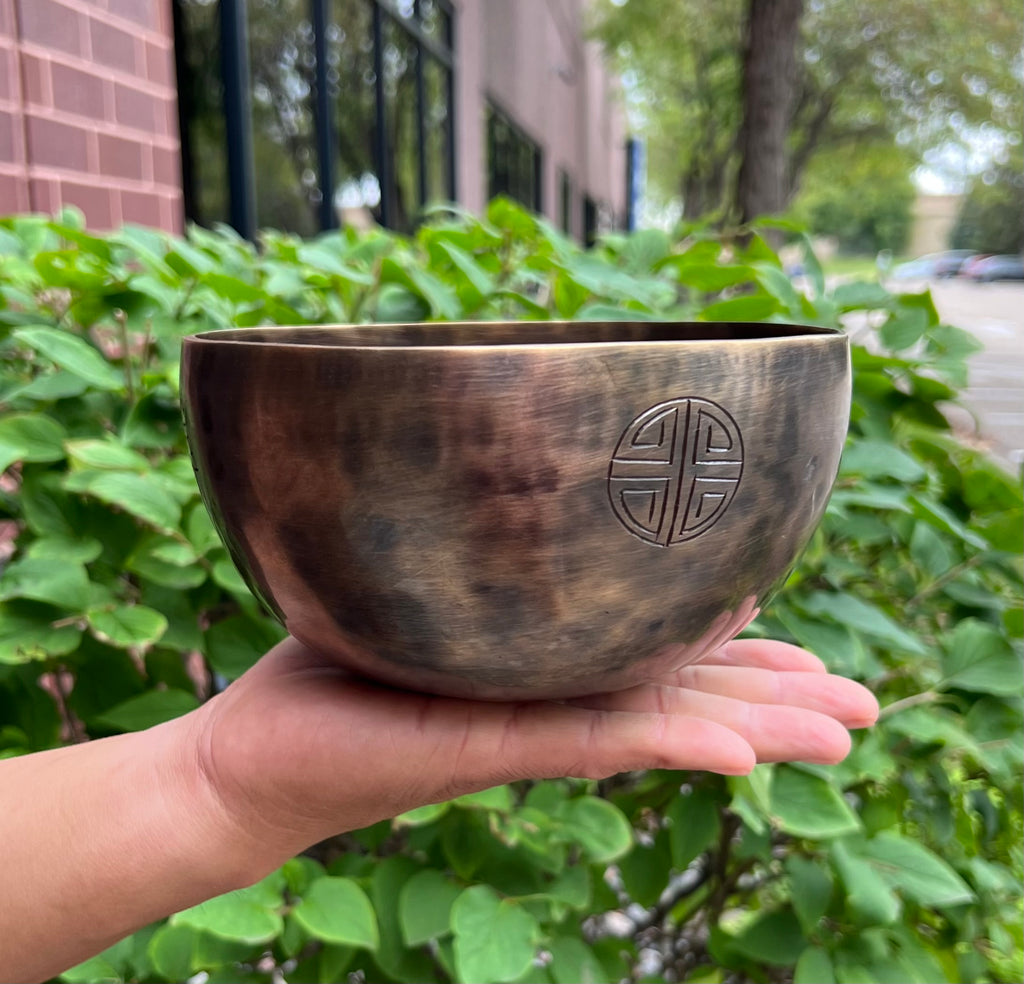 Hand Hammered Tibetan Full Moon Singing Bowl 6.5" – Nepalese Meditation Bowl with D Note 572 Hz, Cushion & Mallet for Sacral Chakra Healing - DharmaObjects
