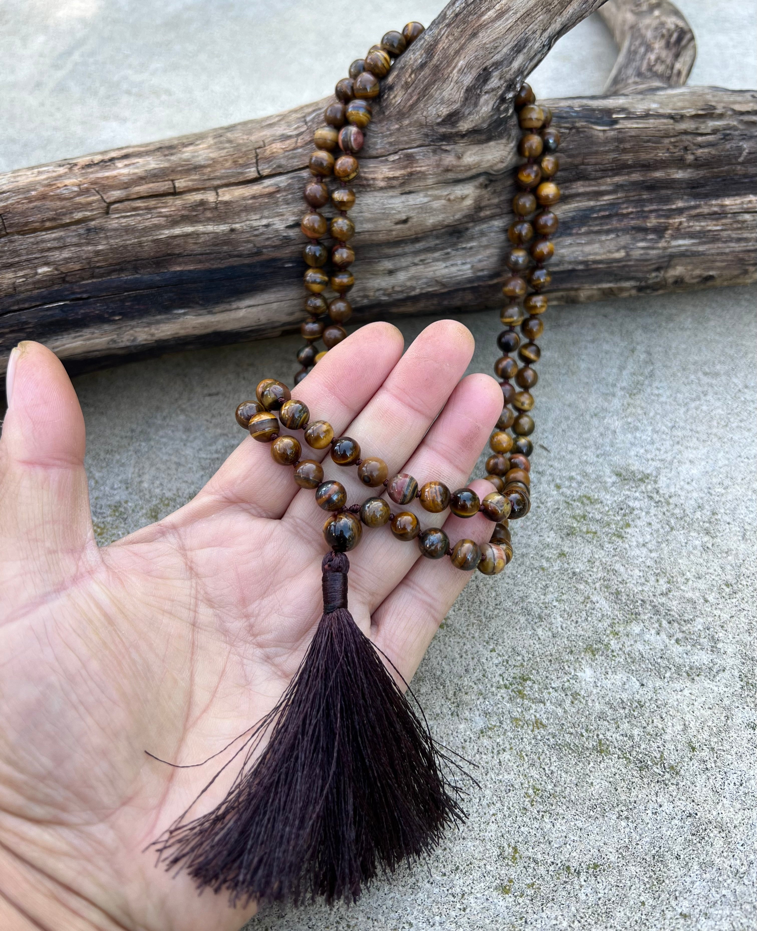 Tiger’s Eye Mala 108 Beads – Hand Knotted Gemstone Meditation Prayer Necklace