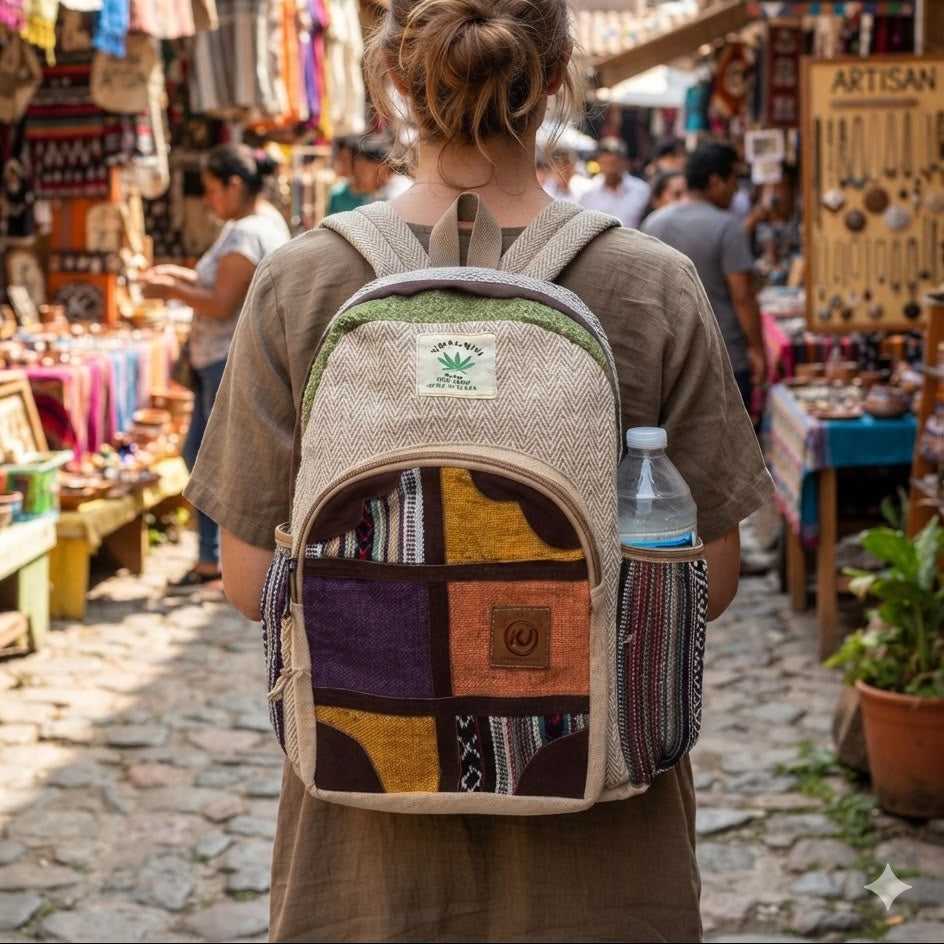 KayJayStyles Multi-Patch Hemp Nepal Backpack – Handmade Large Multi-Pocket Bag