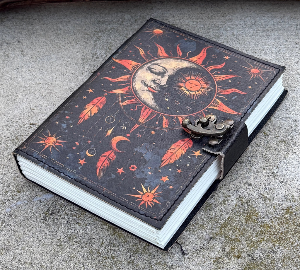 Handmade Celestial Sun & Moon Embossed Leather Journal