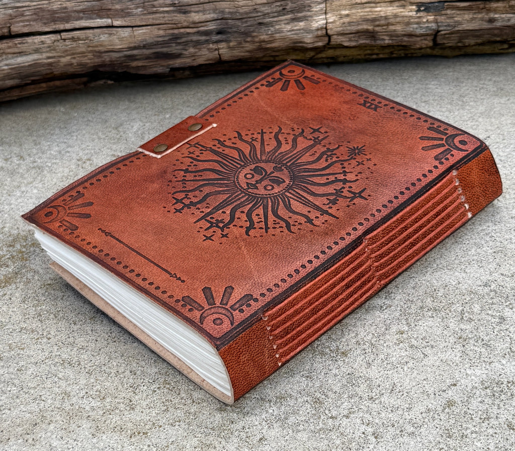 Handmade Celestial Sun Embossed Leather Journal