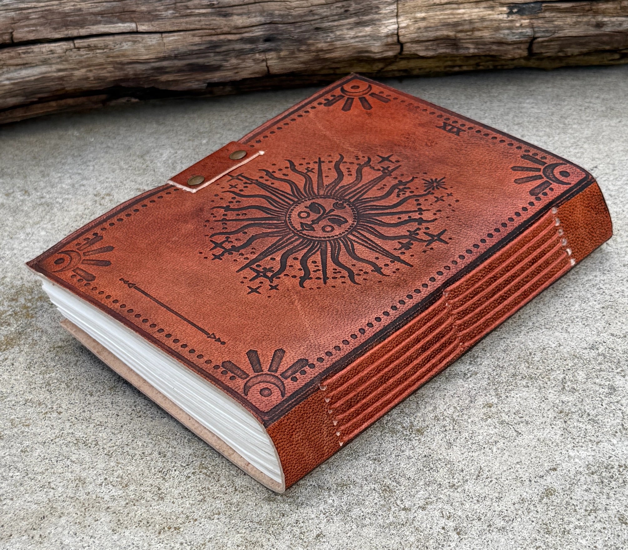 Handmade Celestial Sun Embossed Leather Journal
