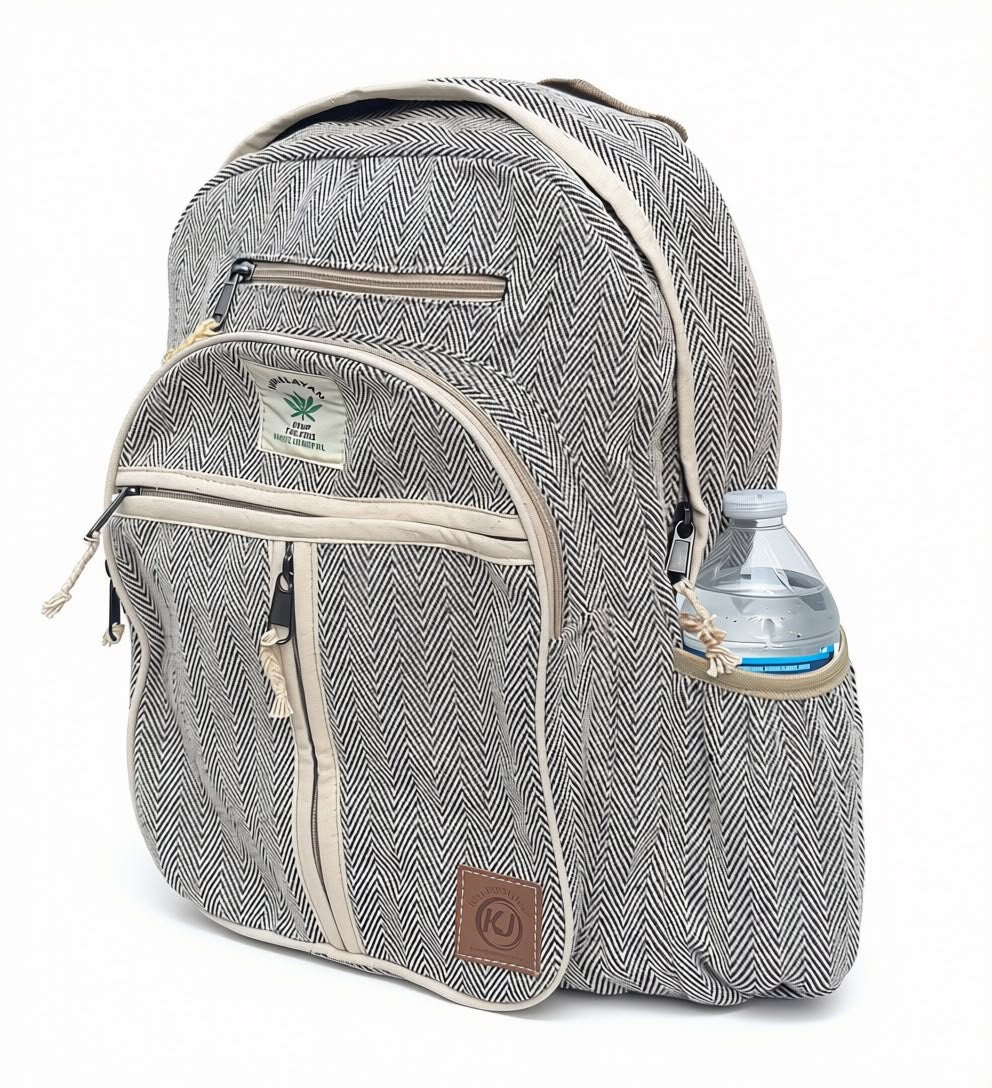 KayJayStyles Black Stripe Hemp Nepal Backpack – Handmade Large Multi-Pocket Bag