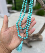 Turquoise Mala 108 Beads – Tibetan Silver Guru Bead & Lotus Charm Meditation Necklace