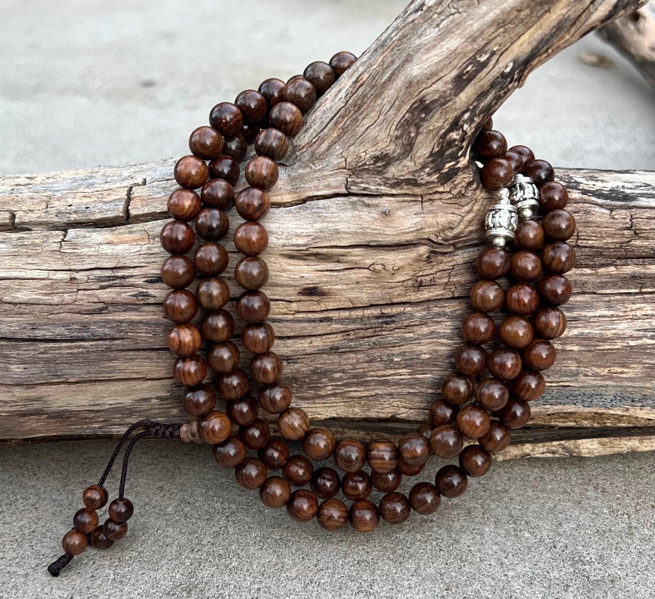 Tibetan Buddhist Kadam Wood 108 Beads Mala with 3 Silver Markers + Free Silk Pouch - DharmaObjects