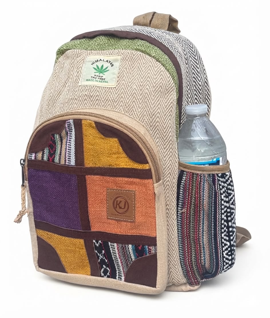KayJayStyles Multi-Patch Handmade Hemp Backpack – Small Lightweight Nepal Daypack