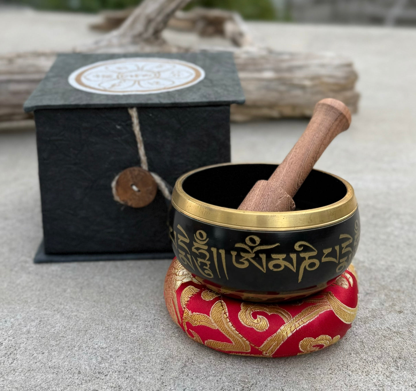 Tibetan Complete Singing Bowl Gift Box Set with OM Mani Padme Hum Etched Bowl